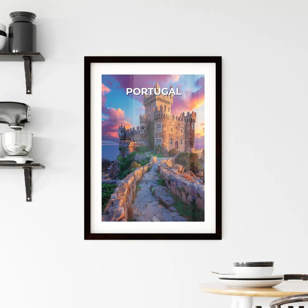 Artistic Painting of a Majestic Castle on a Cliffside Island in Portugal, Europe Custom Print