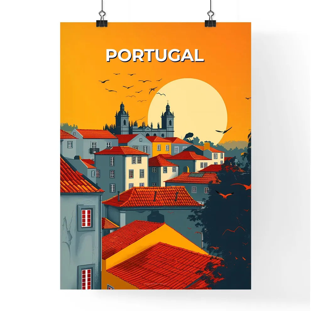 Vibrant Portuguese Cityscape Art Depicting Red-Roofed Buildings and Soaring Birds Poster
