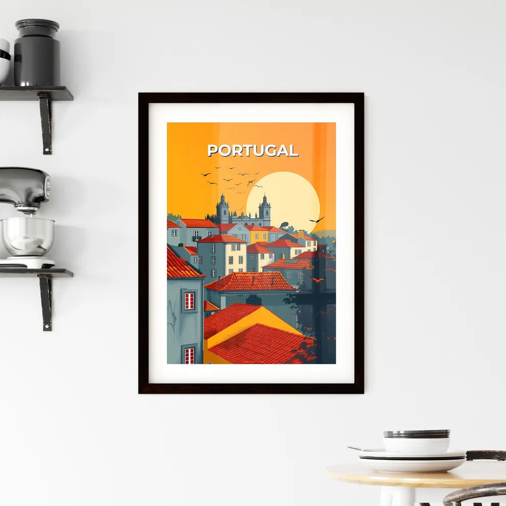 Vibrant Portuguese Cityscape Art Depicting Red-Roofed Buildings and Soaring Birds Custom Print