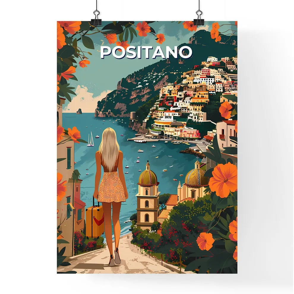 Positano, Italy - vibrant painting, path, woman, water, buildings, art, color, architecture, scenery, travel Poster