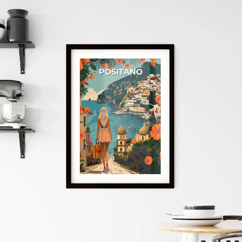 Positano, Italy - vibrant painting, path, woman, water, buildings, art, color, architecture, scenery, travel Custom Print