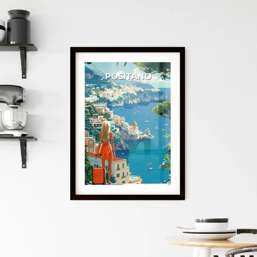 Panoramic, Painting, Landscape, Italy, Europe, Positano, Cliff, Town, Vibrant, Artwork, View, Woman, Nature Custom Print