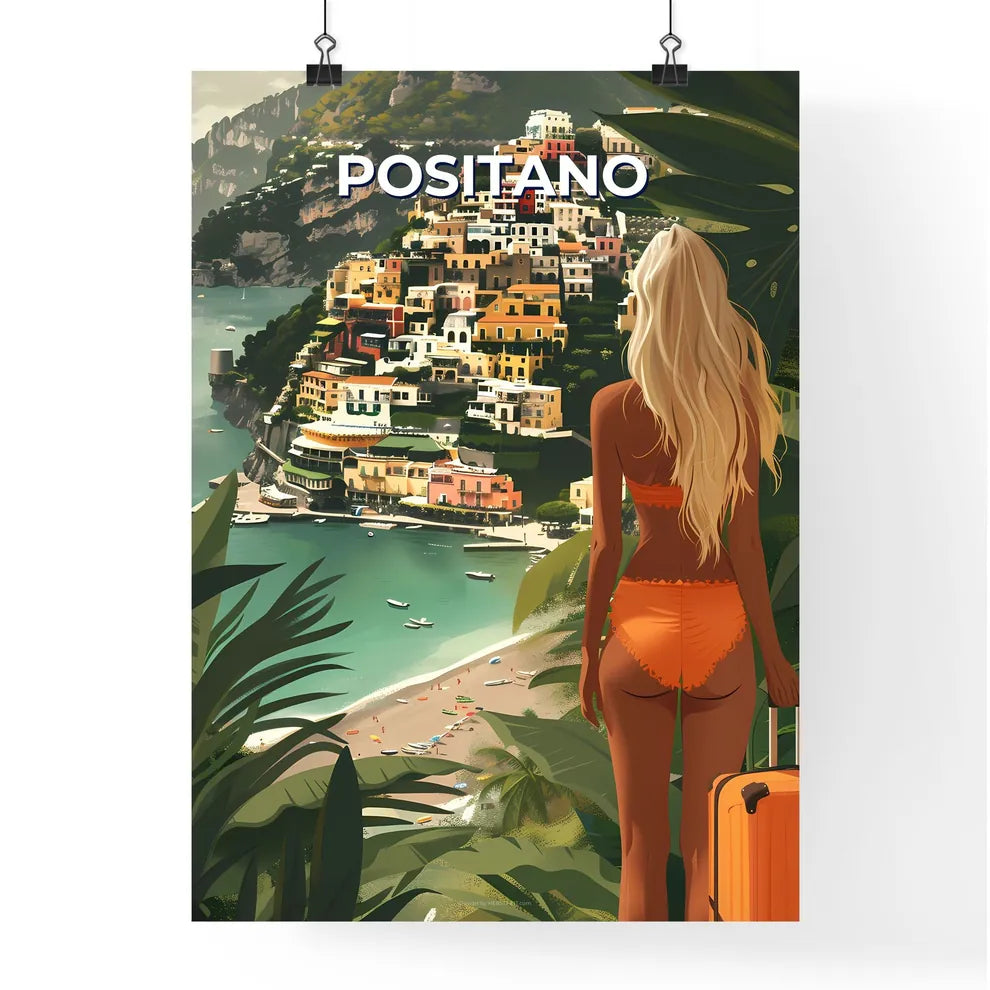Vibrant Painting of Positano Woman with City Poster