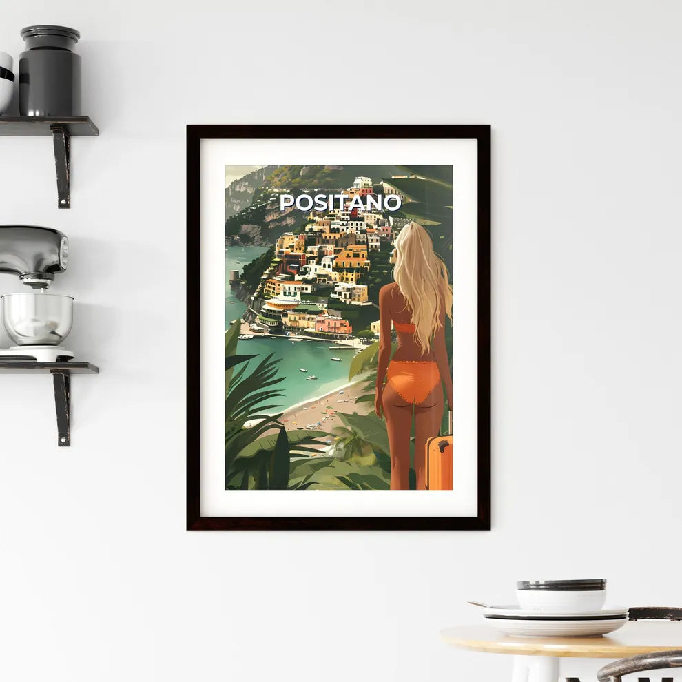 Vibrant Painting of Positano Woman with City Framed Print