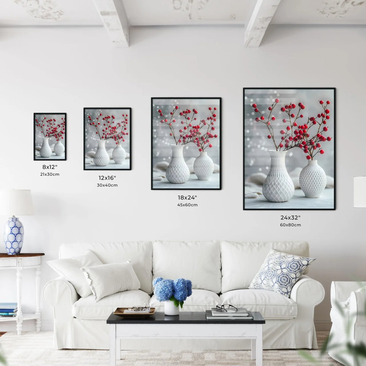 Art painting with two white vases with red b - Kitchen Hangings