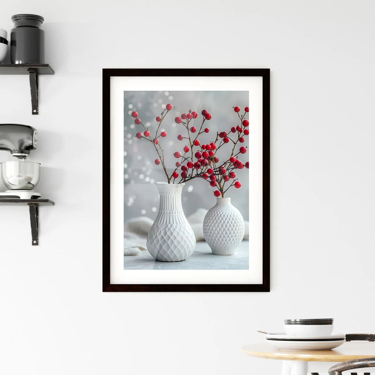 Art painting with two white vases with red b Framed Print
