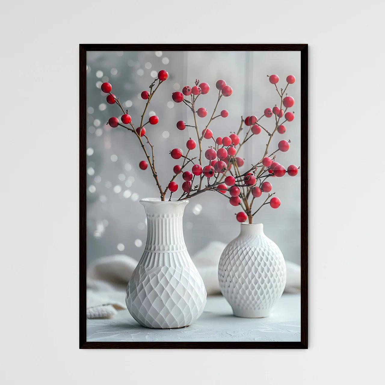 Art painting with two white vases with red b - Framed Art Print