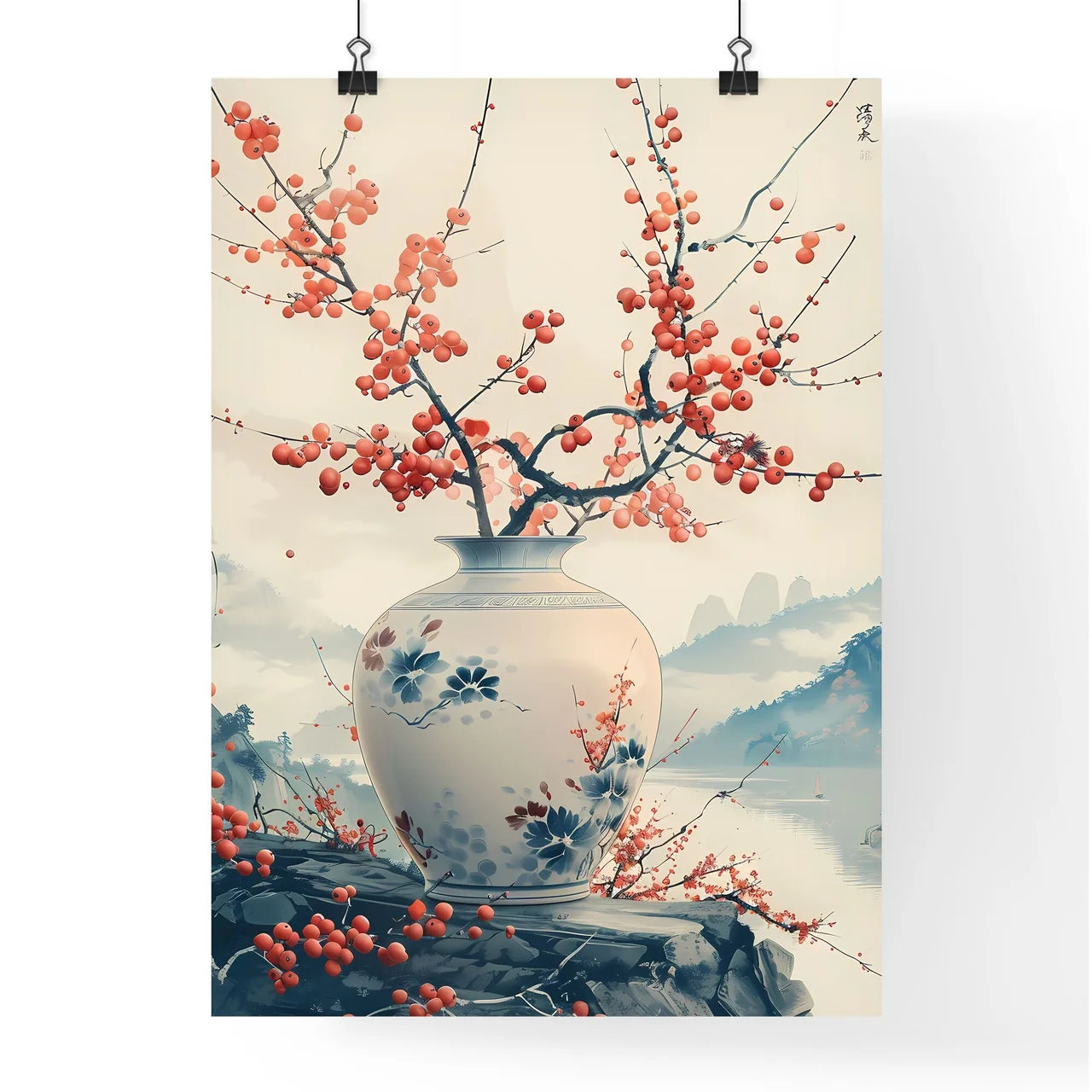 Art Deco Flower Vase with Red Berries Bottom Poster