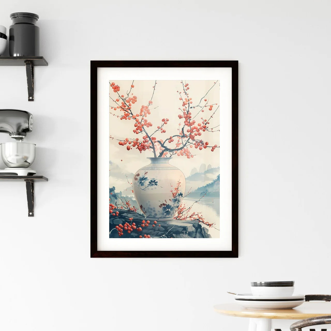 Art Deco Flower Vase with Red Berries Bottom Framed Print