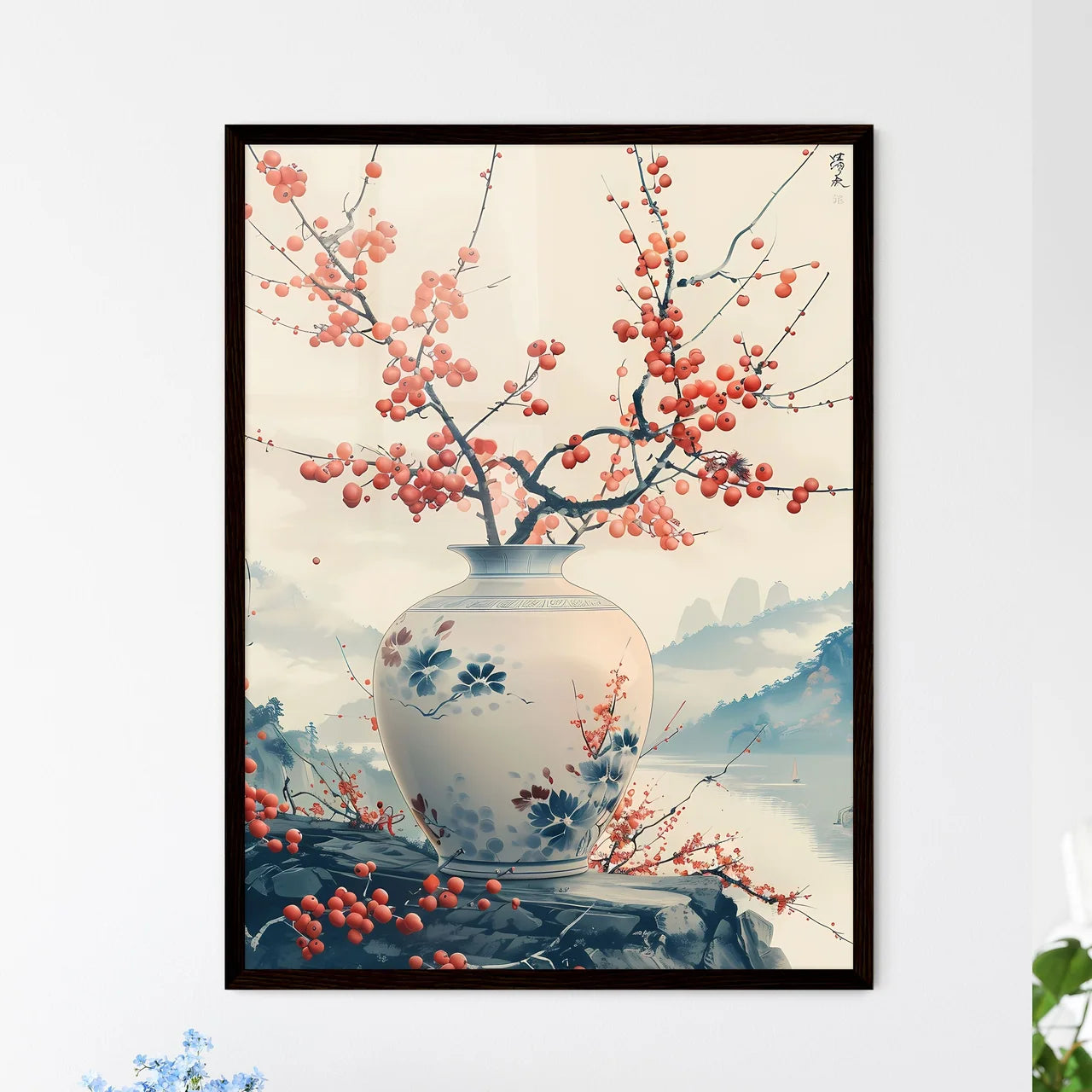 Art Deco Flower Vase with Red Berries Bottom - Framed Art Print