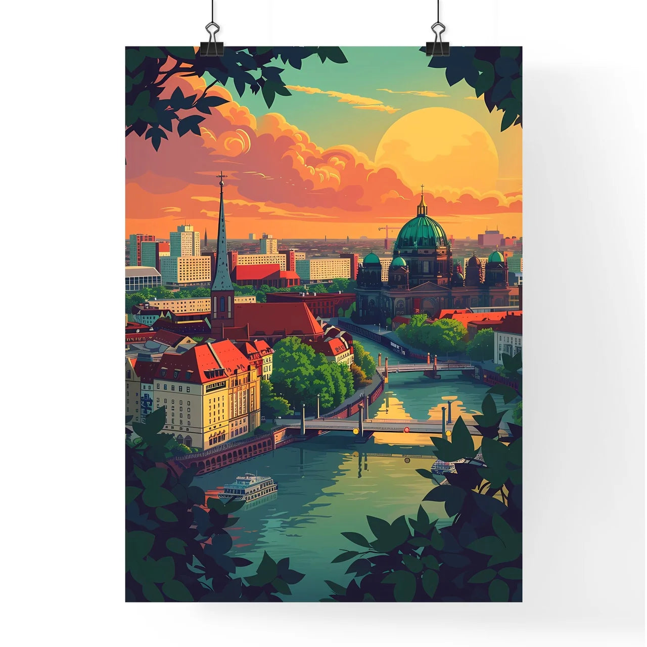 Panoramic cityscape painting of Berlin with river, bridge, and iconic architecture Poster