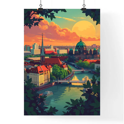 Panoramic cityscape painting of Berlin with river, bridge, and iconic architecture