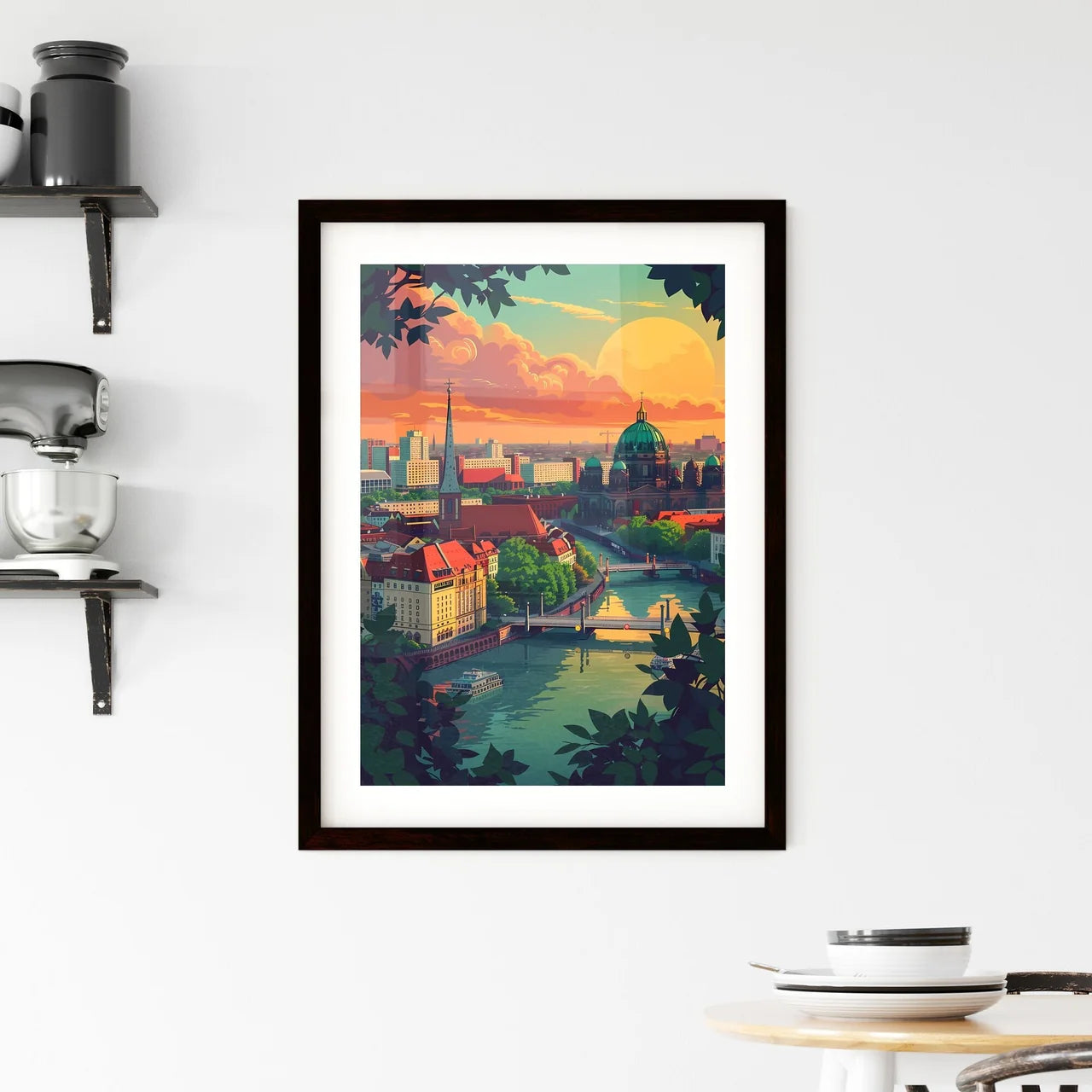 Panoramic cityscape painting of Berlin with river, bridge, and iconic architecture Custom Print