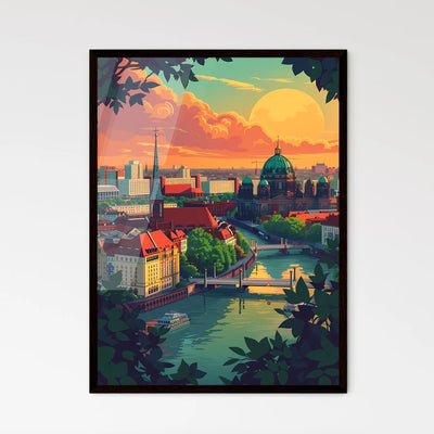 Panoramic cityscape painting of Berlin with river, bridge, and iconic architecture