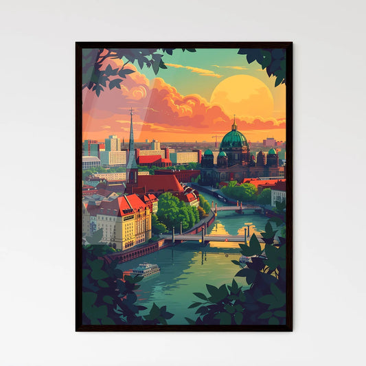 Panoramic cityscape painting of Berlin with river, bridge, and iconic architecture Framed Art