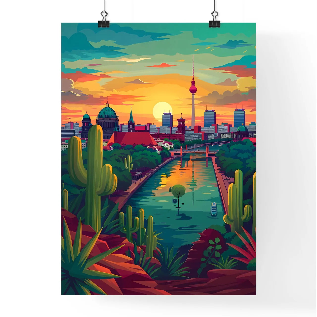 Artistic Panorama of Berlin's Riverfront Skyline: A Vibrant Pastel Painting with Cityscapes and Architecture Poster