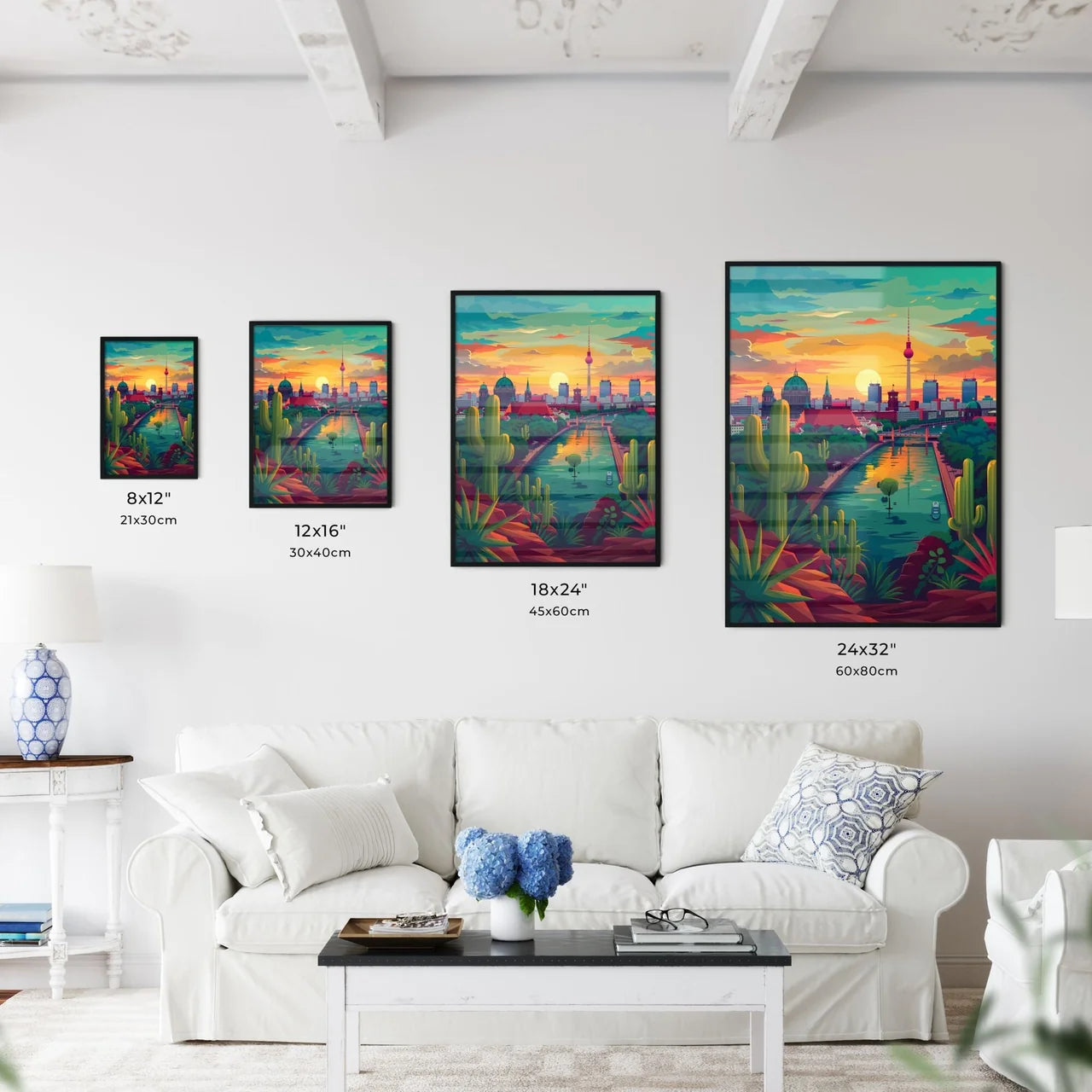 Artistic Panorama of Berlin's Riverfront Skyline: A Vibrant Pastel Painting with Cityscapes and Architecture Size Chart
