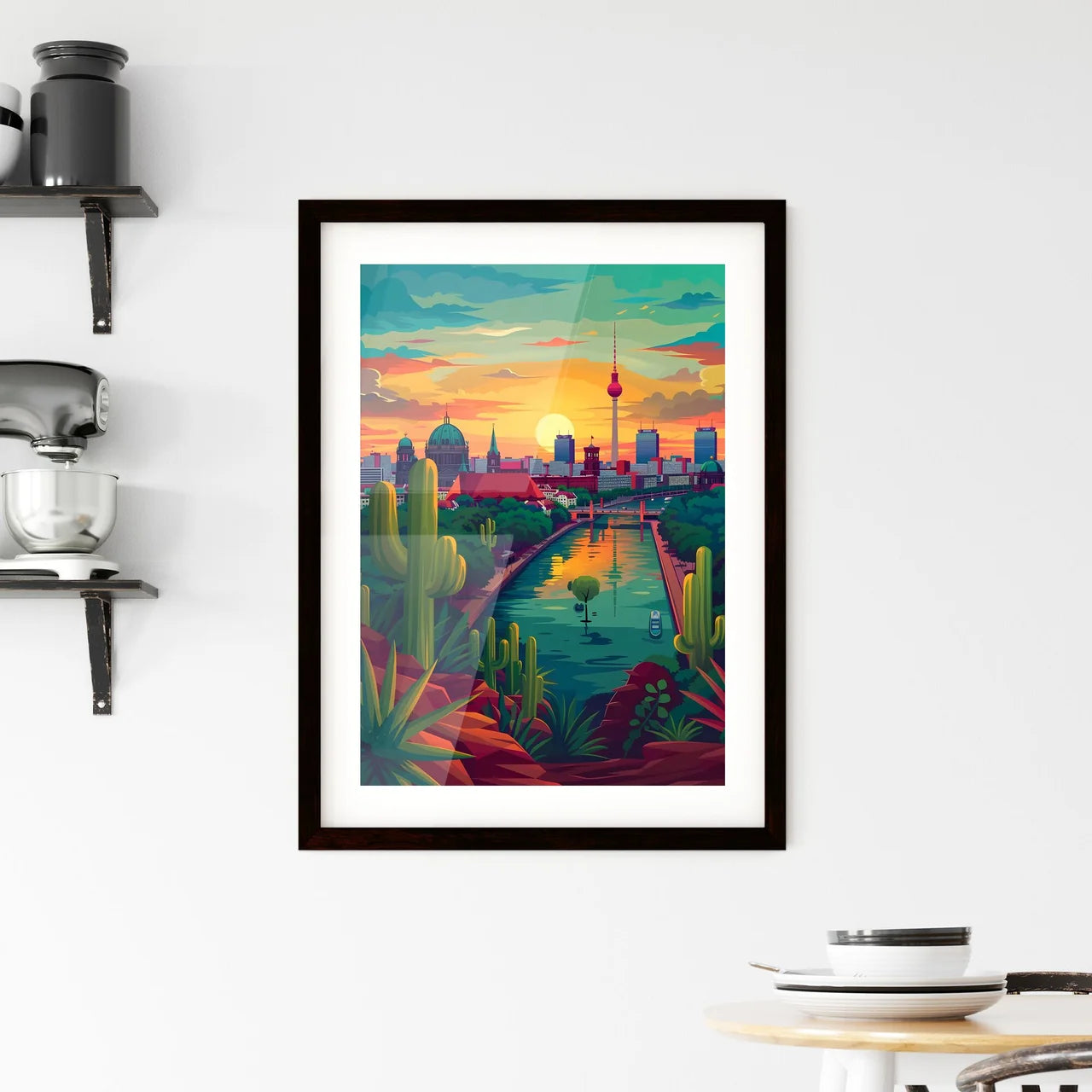 Artistic Panorama of Berlin's Riverfront Skyline: A Vibrant Pastel Painting with Cityscapes and Architecture Custom Print