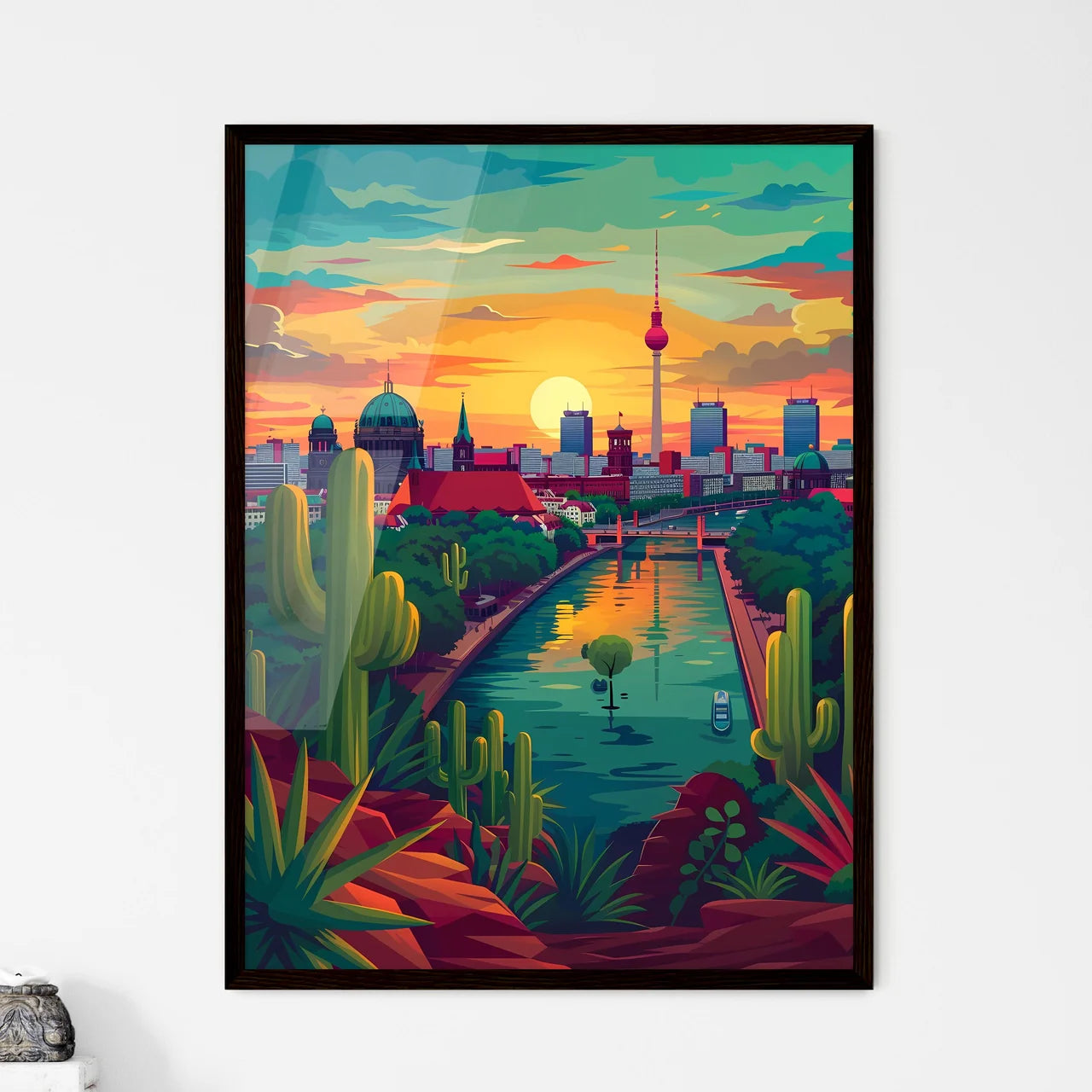 Artistic Panorama of Berlin's Riverfront Skyline: A Vibrant Pastel Painting with Cityscapes and Architecture Framed Art