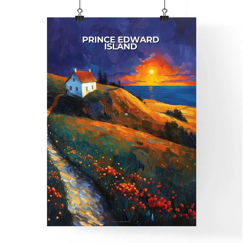 Vibrant Painting of a House on a Hill in Prince Edward Island, Canada, with Flowers and a Picturesque Sunset Landscape Poster