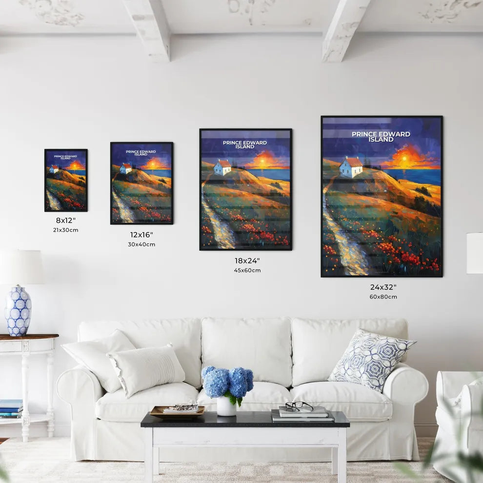 Vibrant Painting of a House on a Hill in Prince Edward Island, Canada, with Flowers and a Picturesque Sunset Landscape Size Chart