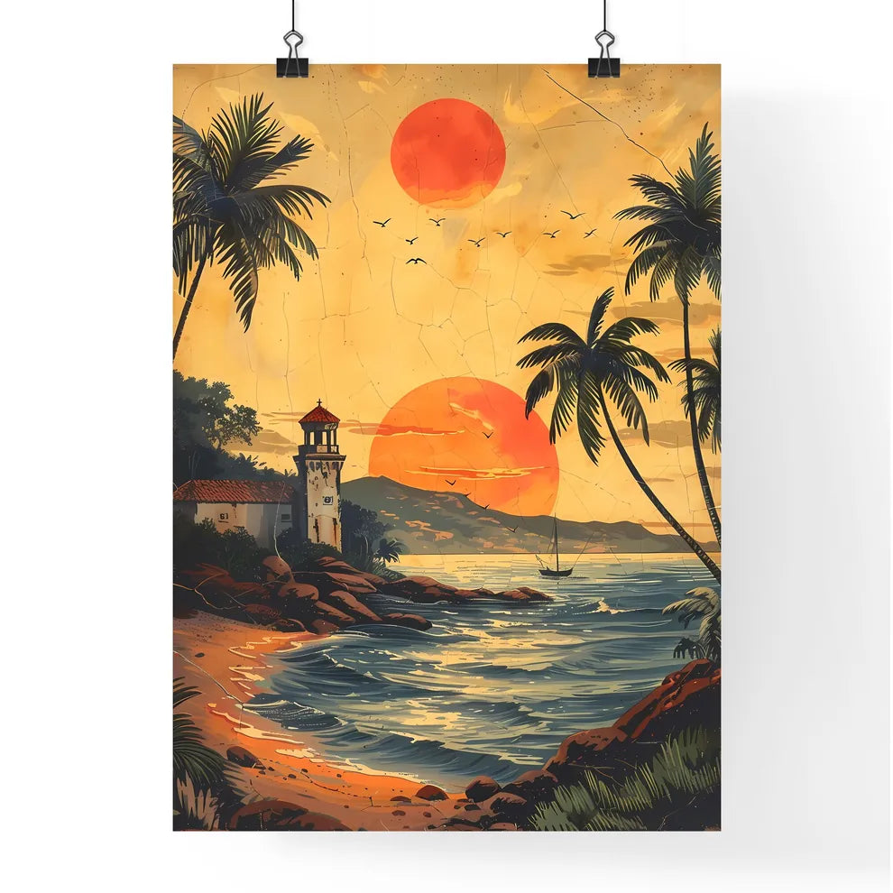 Detailed historical Mozambique label template with beach, palm trees, lighthouse, vibrant painting, vintage, sketch style Poster