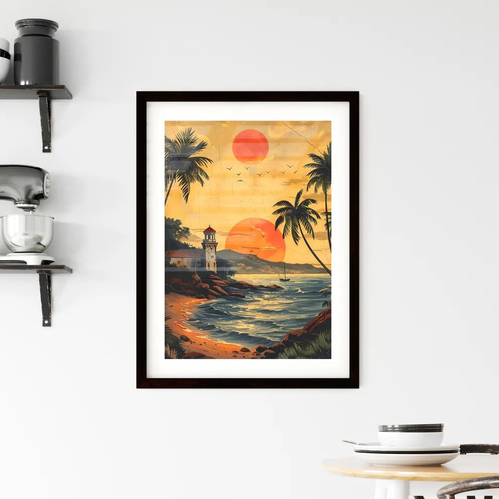 Detailed historical Mozambique label template with beach, palm trees, lighthouse, vibrant painting, vintage, sketch style Custom Print