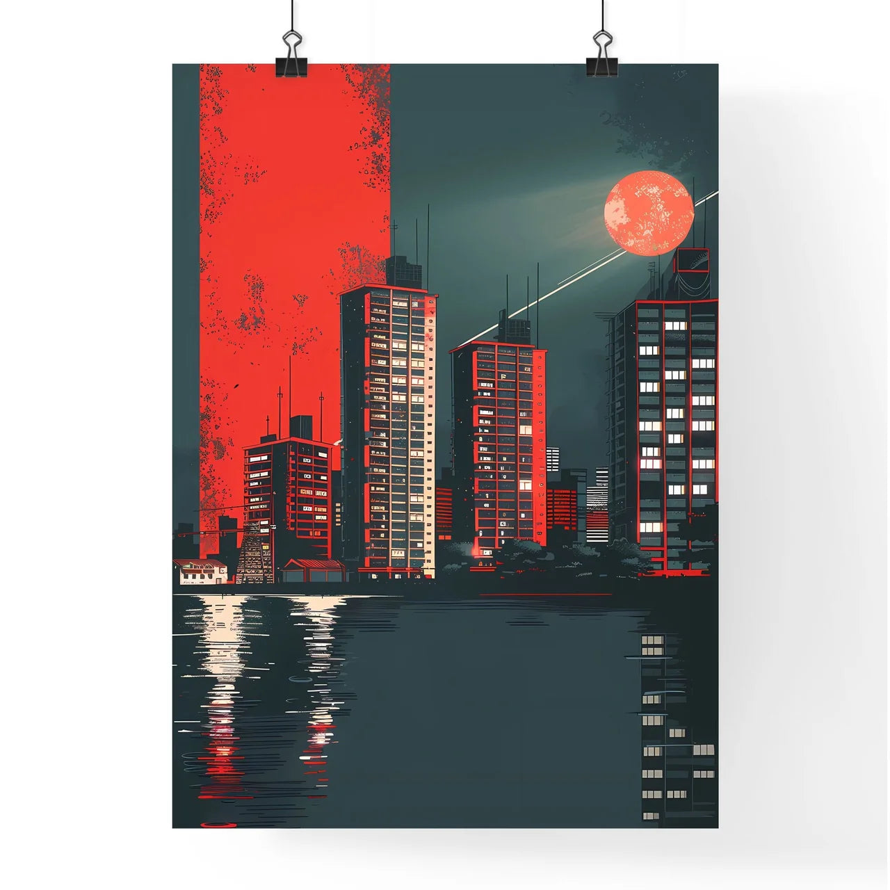Art Deco Communist City Skyline: Propaganda, Retro Futurism, Hyperpop, Blockchain, Minimalism, Red Moon Poster