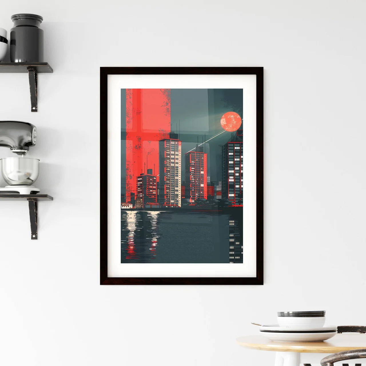 Art Deco Communist City Skyline: Propaganda, Retro Futurism, Hyperpop, Blockchain, Minimalism, Red Moon Custom Print