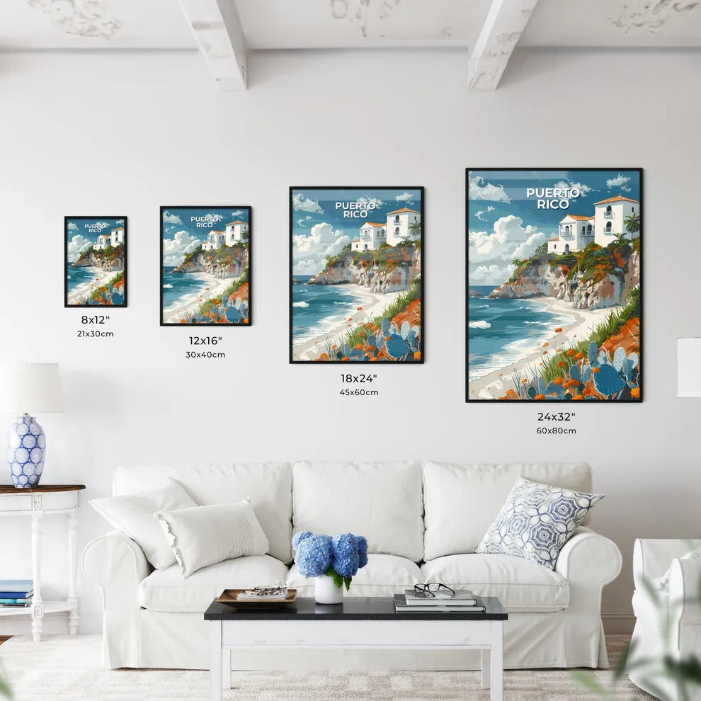Vibrant Painting of House on Ocean Cliff in Puerto Rico, North America, Featuring Artistic Focus Size Chart
