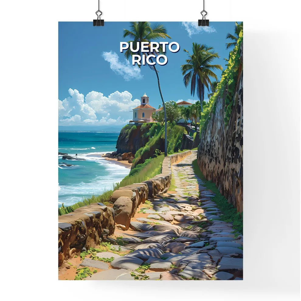 Vibrant Caribbean Scene, Palm Trees and Stone Path, Caribbean Island Poster