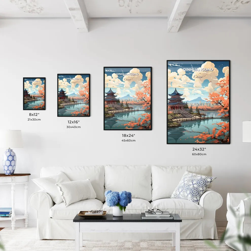 Vibrant Painting Qinhuangdao China Skyline Pagoda Lake Orange Trees Default Title