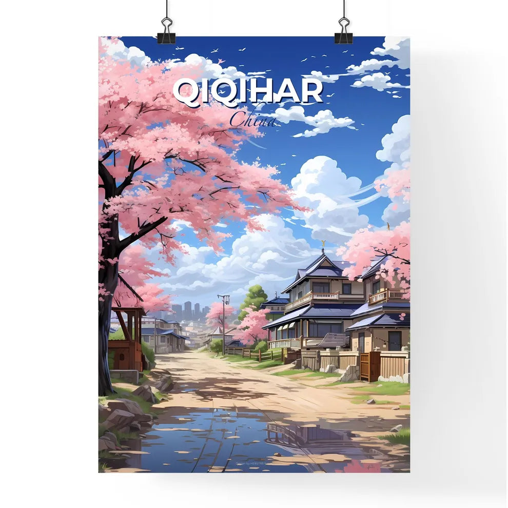 Abstract Canvas Painting: Painterly Qiqihar City Skyline with Road Green Trees and Houses Default Title