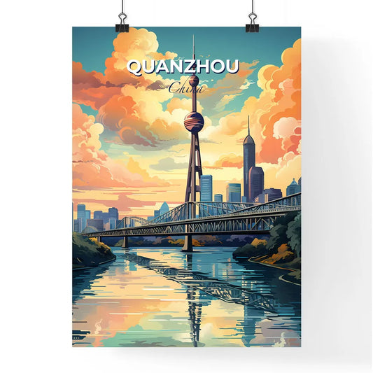 Vibrant City Skyline Painting of Quanzhou, China Featuring a River Bridge and Tower Default Title