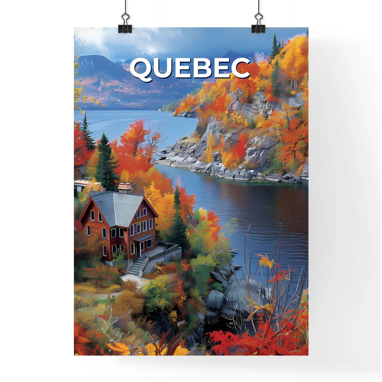 Vibrant Painting of House by Lake Scenic Quebec Canada Poster