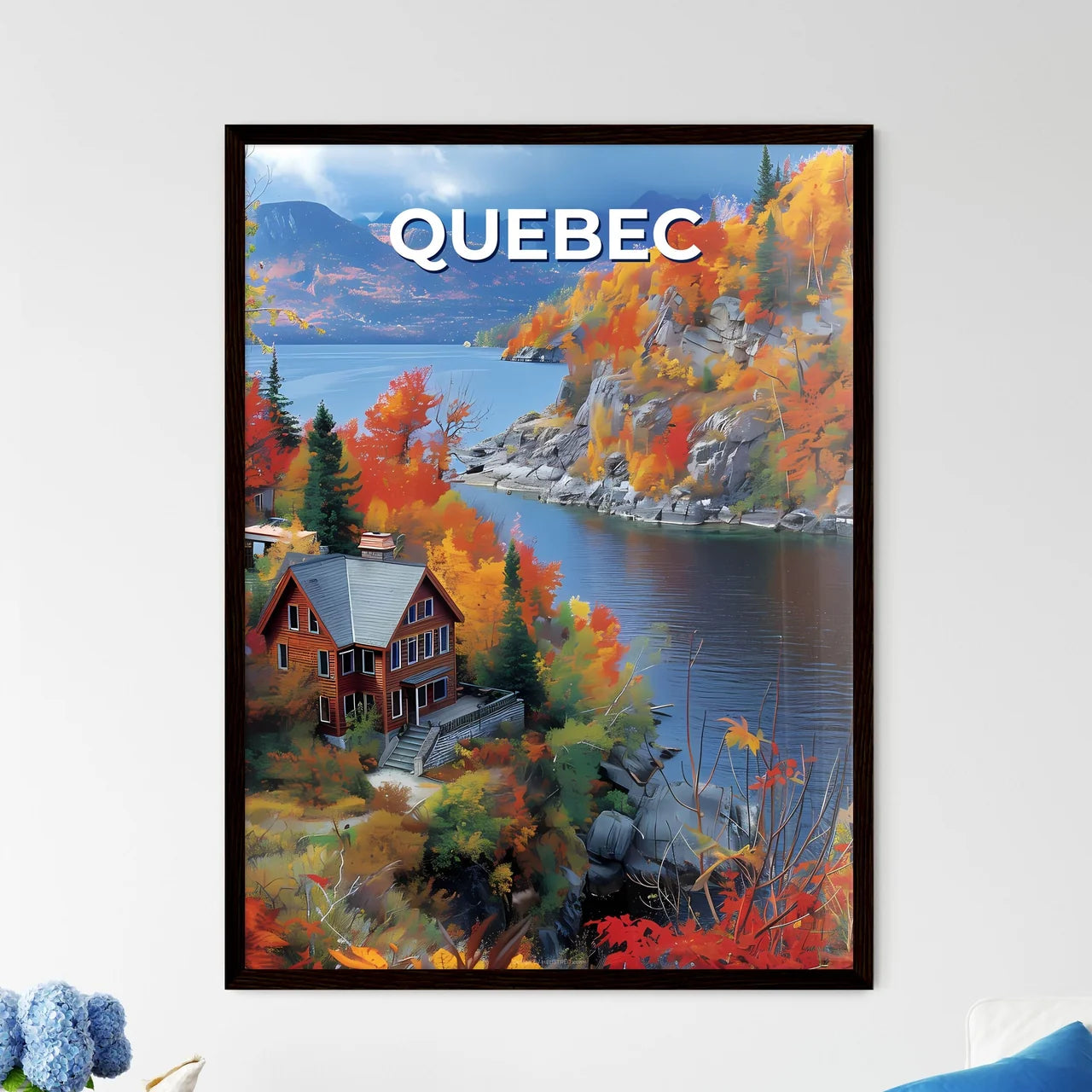 Vibrant Painting of House by Lake Scenic Quebec Canada Framed Art