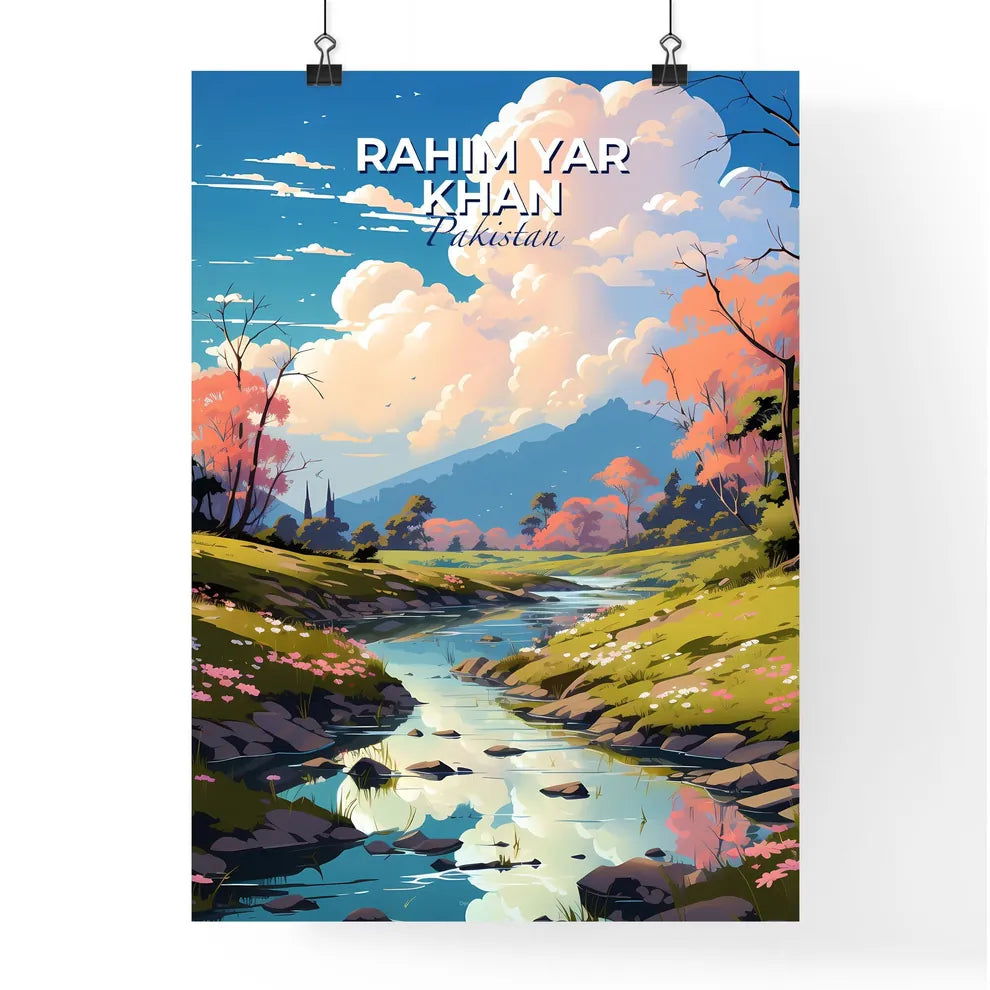 Vibrant Art Painting of Rahim Yar Khan Pakistan River Skyline with Valley Flowers and Trees Default Title