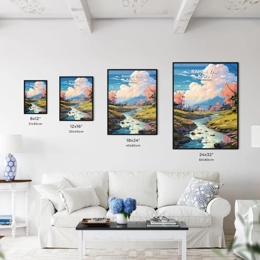 Vibrant Art Painting of Rahim Yar Khan Pakistan River Skyline with Valley Flowers and Trees Default Title