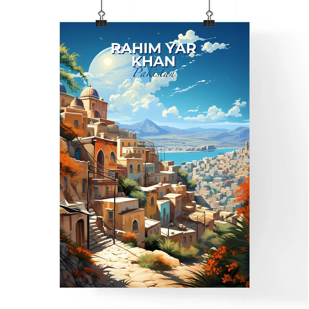 Artistic Skyline of Rahim Yar Khan, Pakistan: Cityscape with Buildings and Indus River in Vibrant Painting Default Title