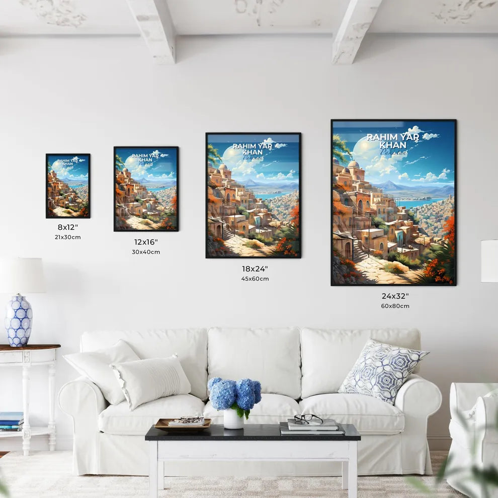 Artistic Skyline of Rahim Yar Khan, Pakistan: Cityscape with Buildings and Indus River in Vibrant Painting Default Title