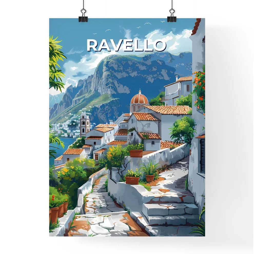 Ravello Italy painting vibrant art white buildings orange roofs mountain background Poster