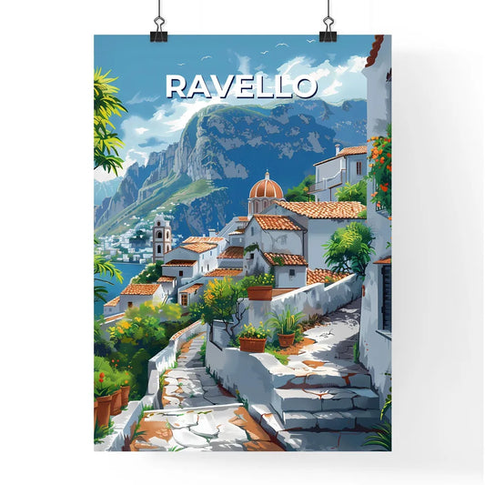 Ravello Italy painting vibrant art white buildings orange roofs mountain background Poster
