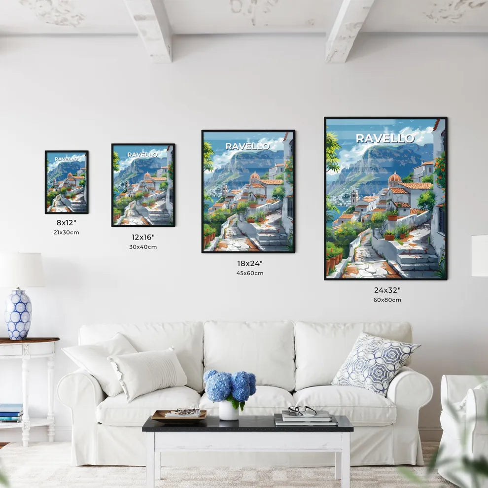 Ravello Italy painting vibrant art white buildings orange roofs mountain background Size Chart