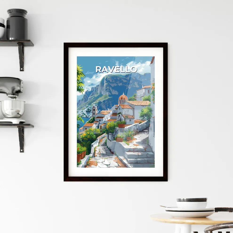 Ravello Italy painting vibrant art white buildings orange roofs mountain background Custom Print
