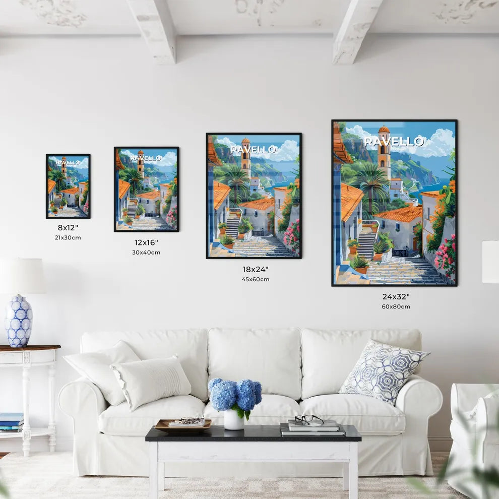 Ravello Italy Vibrant Painting Buildings Trees Steeple Art Artwork Street Scene Size Chart