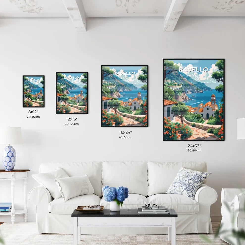 Ravello Italy Scenic Landscape Painting Vibrant Artwork Cityscape Water Buildings Size Chart