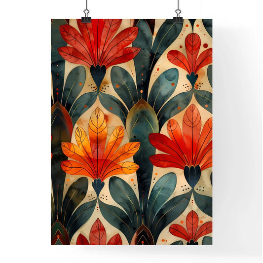 Art Deco Watercolor Floral Pattern with Gree Poster