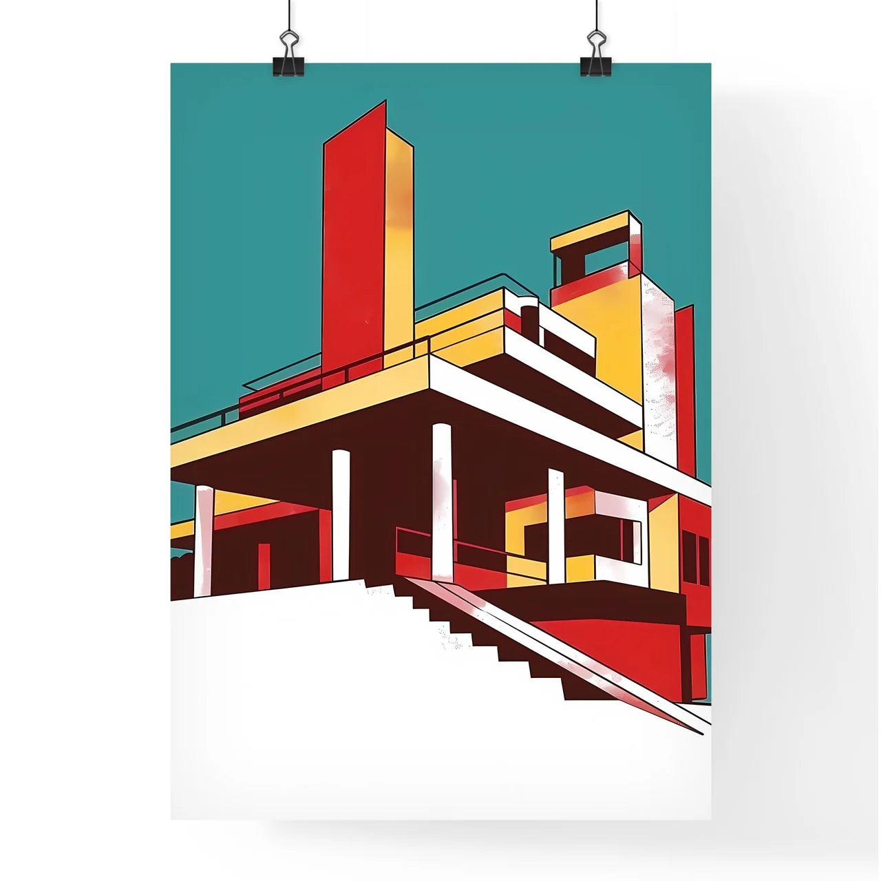 Vibrant Minimalist Abstract Bauhaus Architecture Painting Dubai Building Stairs Chimney Poster