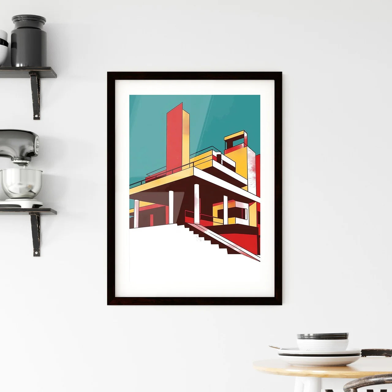 Vibrant Minimalist Abstract Bauhaus Architecture Painting Dubai Building Stairs Chimney Custom Print