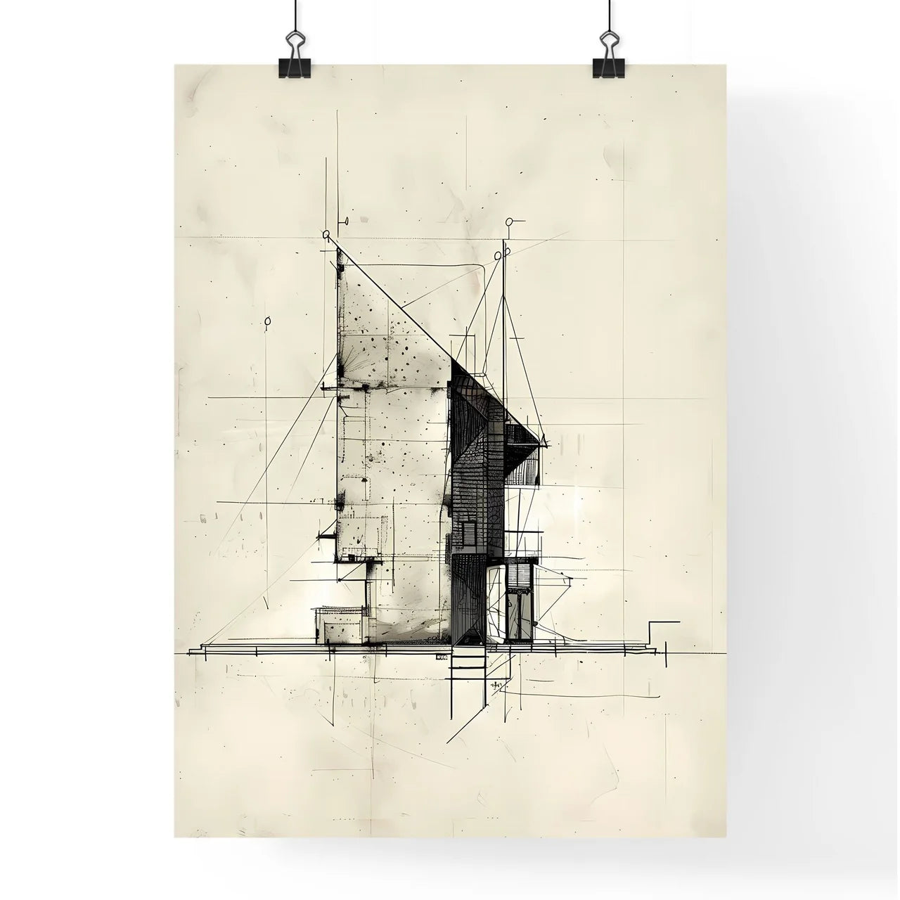 Vibrant Retrofuturist Drawing, Minimal Abstract Architectural Bauhaus Golden Ratio Building Art Poster